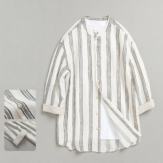 Camisa de Lino Suelta a Rayas con Cuello Tipo Stand - Manga 3/4 Casual Retro