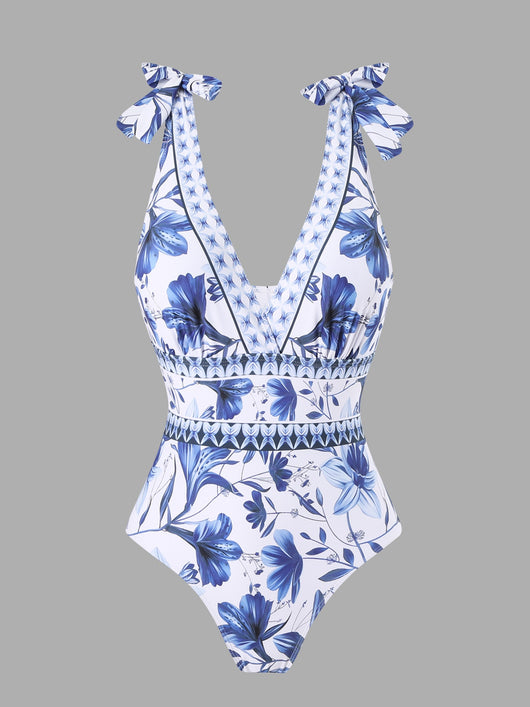 White and green floral print one-piece swimsuit with tie-shoulder straps and matching long chiffon skirt. - Image 19