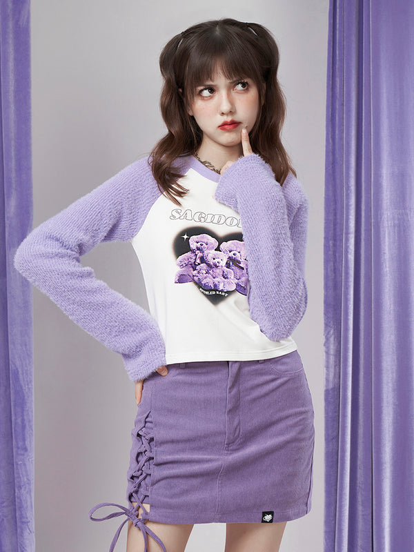 Playera Raglan Mujer con Estampado Mosaico y Oso Peluche