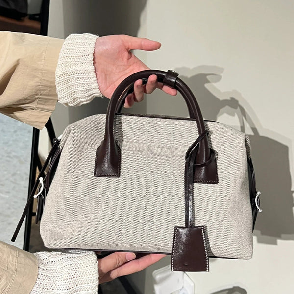 Bolso Casual de Cuero Bowling con Contraste de Lino Premium