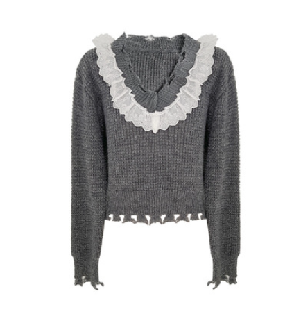 Suéter Tejido Corto con Cuello V y Detalles de Madera Spliceada para Mujer