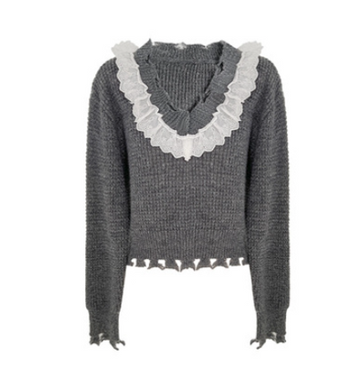 Suéter Tejido Corto con Cuello V y Detalles de Madera Spliceada para Mujer - Image 2