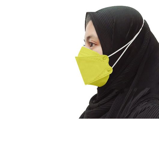 Orange KF94-style headloop face mask worn by an adult with a black hijab, designed for respiratory protection. - Image 18