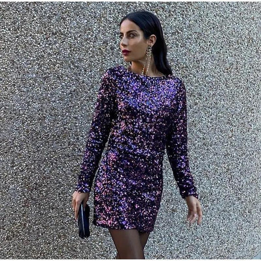 Vestido Retro Francés Escotado con Lentejuelas y Manga Larga