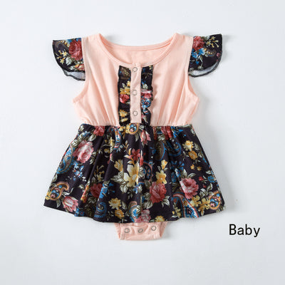Family matching outfits including a peach and floral maxi dress, two short-sleeve shirts, a sleeveless dress, and a baby romper. - Image 23