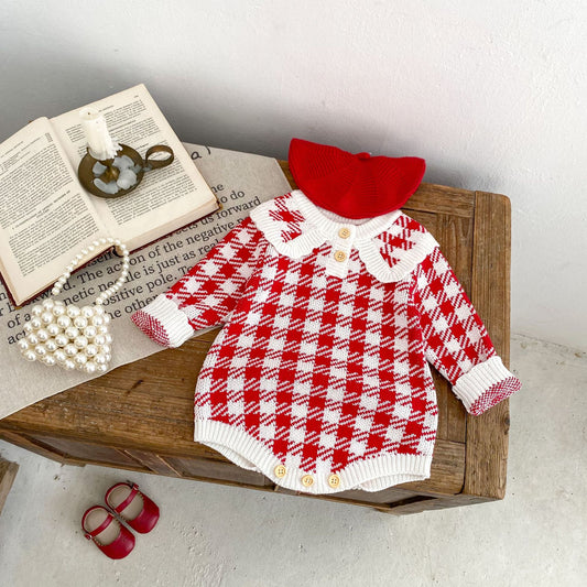 Mameluco Triangular de Punto para Bebé Niña - Diseño Cuadros Otoñal en Rojo