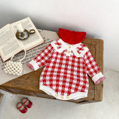 Mameluco Triangular de Punto para Bebé Niña - Diseño Cuadros Otoñal en Rojo