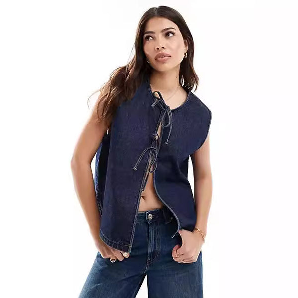 Chaleco Denim Sin Mangas con Detalles de Cuerda para Mujer