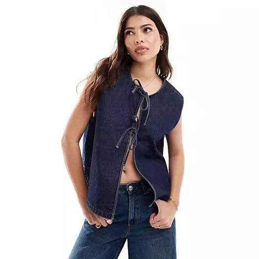 Chaleco Denim Sin Mangas con Detalles de Cuerda para Mujer