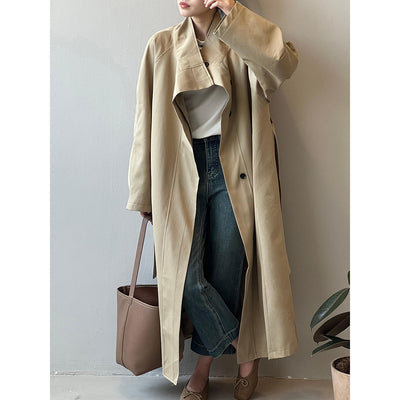 Abrigo Trinchera Largo Mujer Cuello Alzado Oversized Abotonado Simple - Image 4