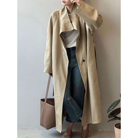 Abrigo Trinchera Largo Mujer Cuello Alzado Oversized Abotonado Simple - Image 4