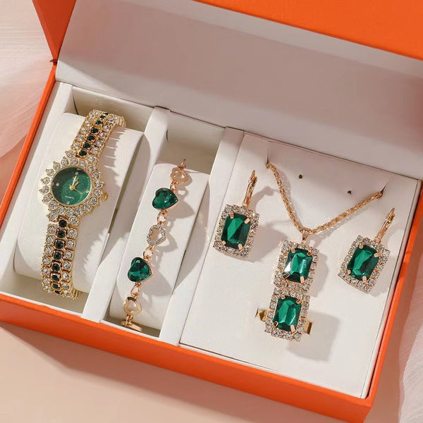 Reloj Cuarzo Verde Acero Inoxidable para Mujer - Set de 5 Piezas con Anillo y Caja de Regalo