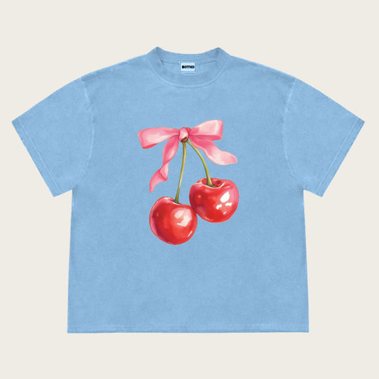 Camiseta Vintage para Mujer con Estampado de Moños de Cereza