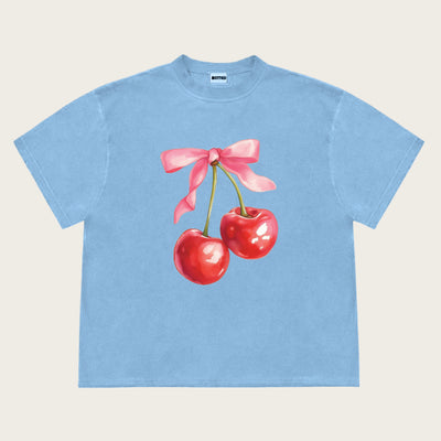 Camiseta Vintage para Mujer con Estampado de Moños de Cereza