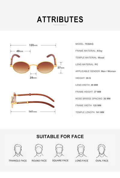 Retro oval sunglasses with gold metal frames and dark wood-like temples, featuring gradient black lenses. - Image 11