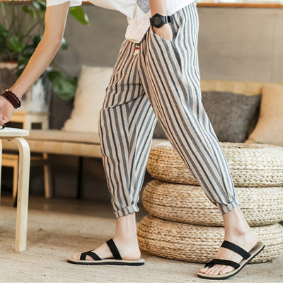 Pantalones Casuales Hombre Talla Grande Algodón Lino Estilo Japonés