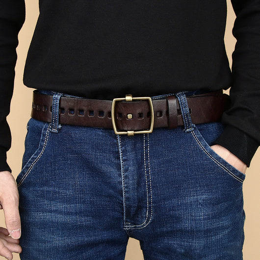 Cinturón de Cuero Retro Hecho a Mano con Hebilla de Cobre Puro