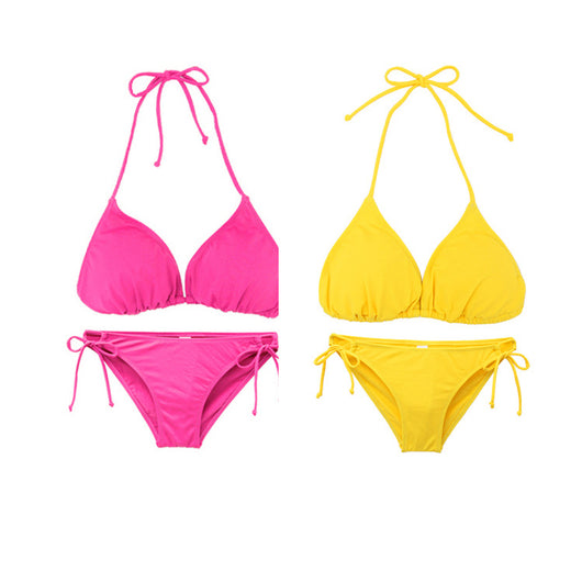 Solid pink two-piece bikini set featuring a triangle top and tie-side bottoms, modeled by a woman by a pool. - Image 16