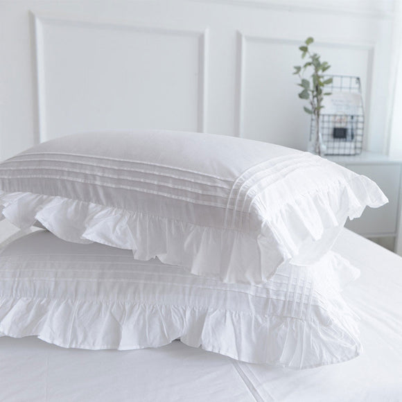 Par de Fundas de Almohada de Algodón Blanco Puro con Volantes Estilo Princesa Coreano