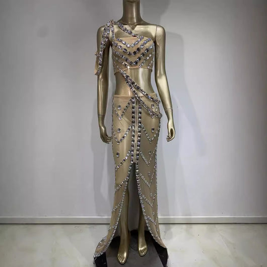 Traje Vestido Brillante con Cristales Decorativos