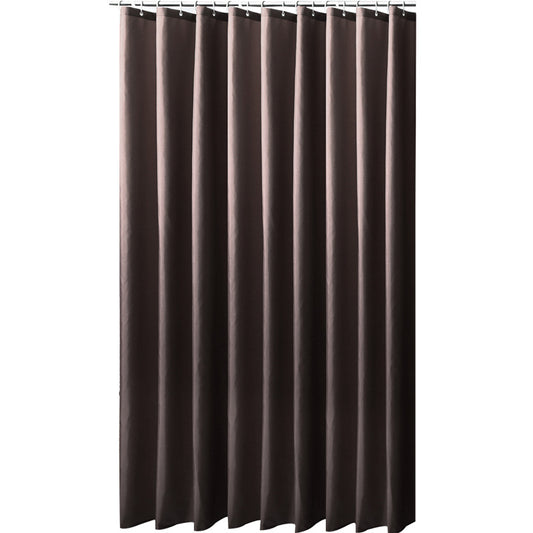 Solid brown polyester shower curtain with metal grommets and hooks, hanging from a silver shower rod. - Image 2