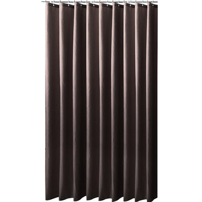 Solid brown polyester shower curtain with metal grommets and hooks, hanging from a silver shower rod. - Image 2
