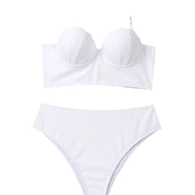 White textured two-piece bikini with a scalloped top and high-waisted bottom, worn by a woman on a sandy beach. - Image 5