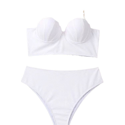 White textured two-piece bikini with a scalloped top and high-waisted bottom, worn by a woman on a sandy beach. - Image 5
