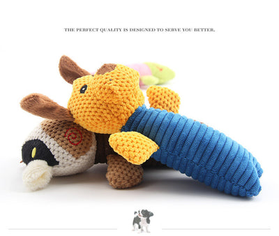 Yellow and blue plush dog toy with ribbed body, alongside a blue dog raincoat with hood and reflective strips. - Image 12