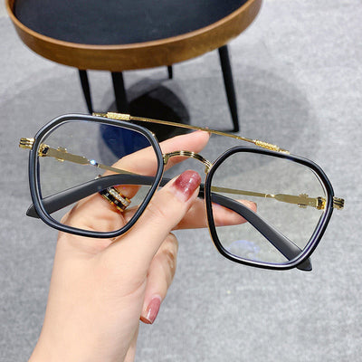 Black and gold double beam retro square frame anti-blue light glasses held by a hand. - Image 10