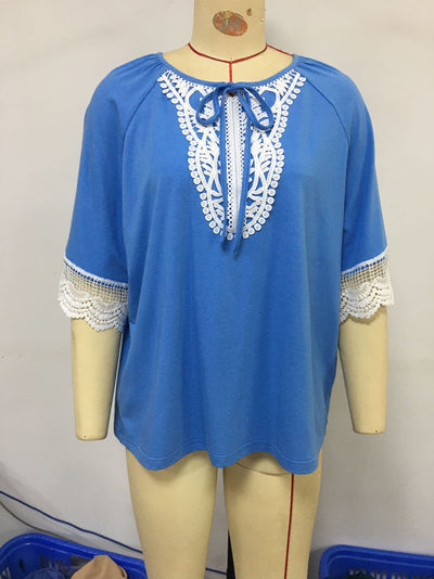 Blusa Étnica con Cuello de Encaje y Manga Corta Suelta - Image 17
