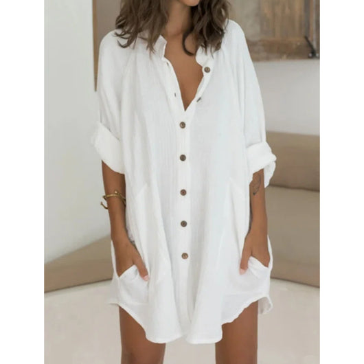 Blusa Suelta de Algodón y Lino con Botones para Mujer - Image 3