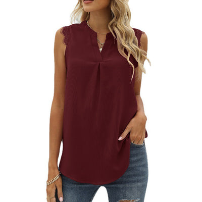 Blusa Suelta Escote V sin Mangas con Encaje de Color Sólido - Image 8
