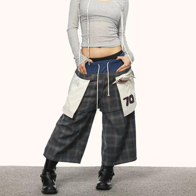 Pantalones Cargo Plaid Falsa Dos Piezas para Mujer Verano - Image 4