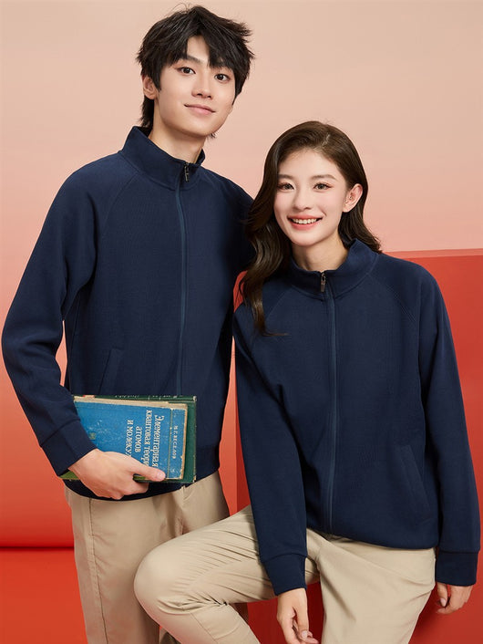 Purple full-zip jacket with a stand-up collar, raglan sleeves, and front pockets, displayed on a hanger. - Image 38