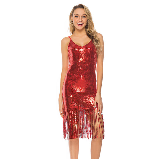 Vestido Slip Escotado con Lentejuelas y Flecos Espalda Descubierta - Image 18