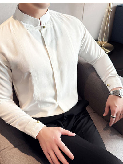 Camisa Manga Larga Cuello Mao Hombre - Diseño Liso Versátil - Image 5