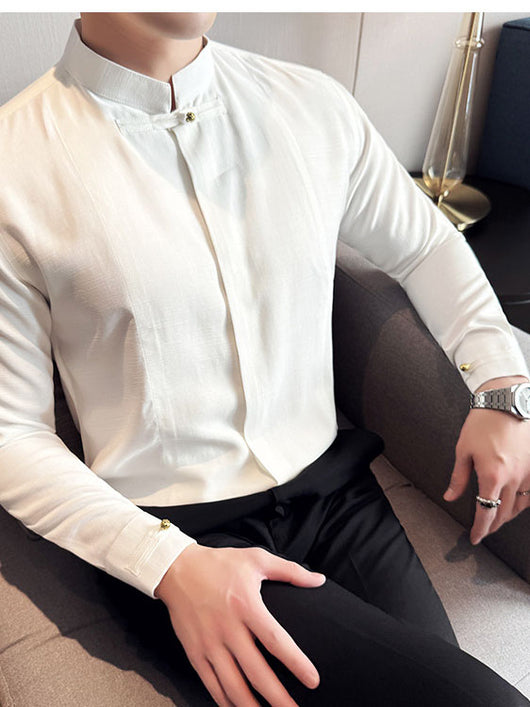 Camisa Manga Larga Cuello Mao Hombre - Diseño Liso Versátil - Image 5