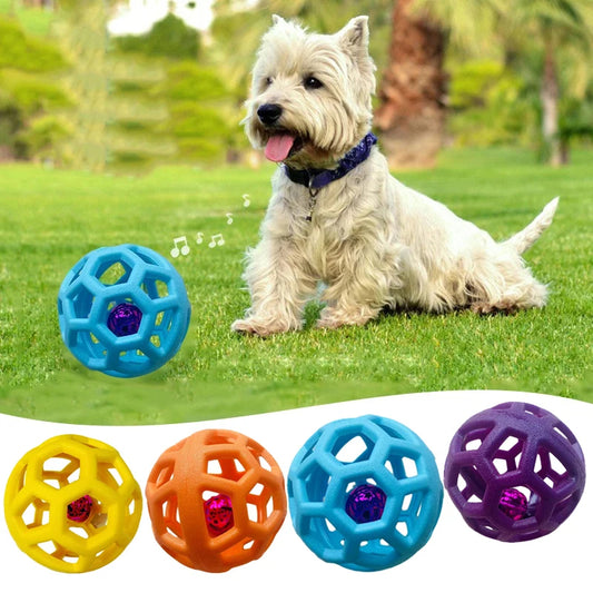 Orange TPR hollow lattice dog chew ball with a shiny pink bell ball inside for interactive pet play. - Image 2