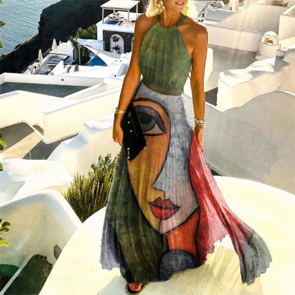 Vestido Largo Plisado con Estampado y Cuello Fruncido para Mujer - Image 3