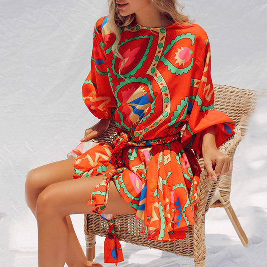 Vestido Tejido a Mano con Cuello Redondo, Mangas Farol y Estampado