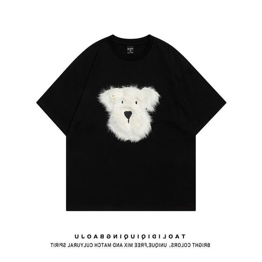Black short sleeve t-shirt with a fluffy white puppy face embroidery, featuring a small gold barrette on its ear. - Image 11