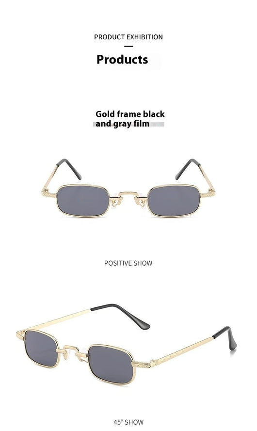 Trendy rectangular sunglasses with gold metal frames and brown lenses, shown from front and a 45-degree angle. - Image 2