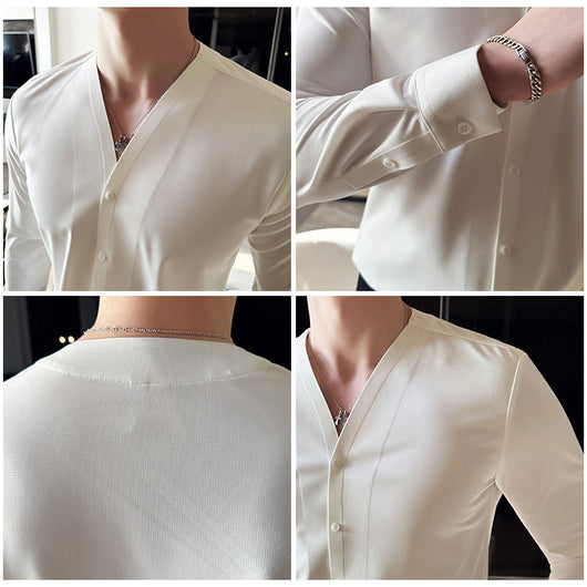 Camisa de Cuello V Manga Larga con Textura Waffle para Hombre - Image 28