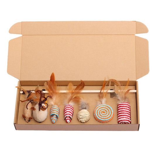 7-piece cat toy gift set with mouse, feather wands, and string-wrapped toys in a brown cardboard box. - Image 4