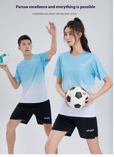 Purple and white gradient short-sleeve t-shirt with 'SPORT' text and black athletic shorts for women. - Image 17