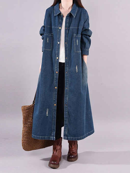 Abrigo Denim Tipo Trench Suelto Retro Desgastado Largo Medio - Image 11