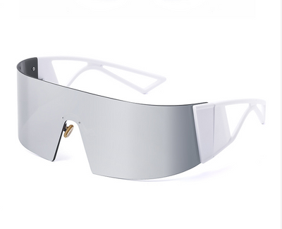 White one-piece cycling sunglasses with mirrored silver lenses and a sporty, futuristic design. - Image 3