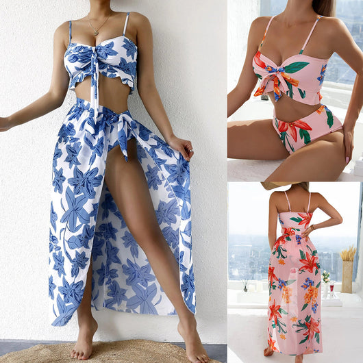 Women's pink floral print two-piece swimsuit with a tie-front crop top, high-waisted triangle bottoms, and matching sheer sarong. - Image 12