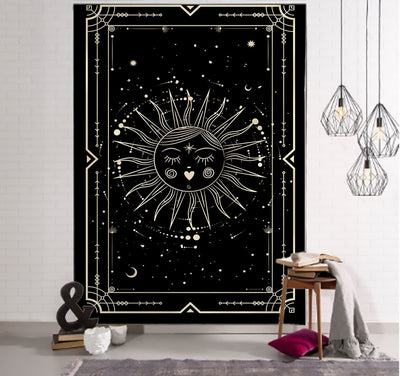 Tapiz de Tarot Witchcraft con Patrón Geométrico del Universo - Negro y Khaki